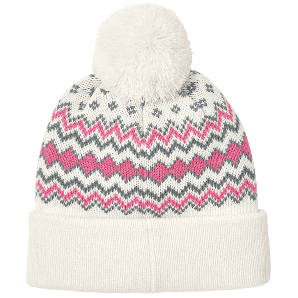 Port Authority Marshmallow/Awareness Pink/Gusty Grey Alpine Pom Beanie