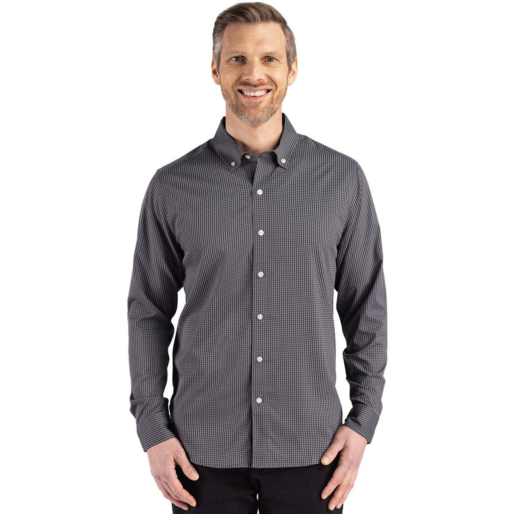 Cutter & Buck Men's Black/Elemental Grey Skyline Epic Confidence Recycled Gingham Long Sleeve Dress Shirt