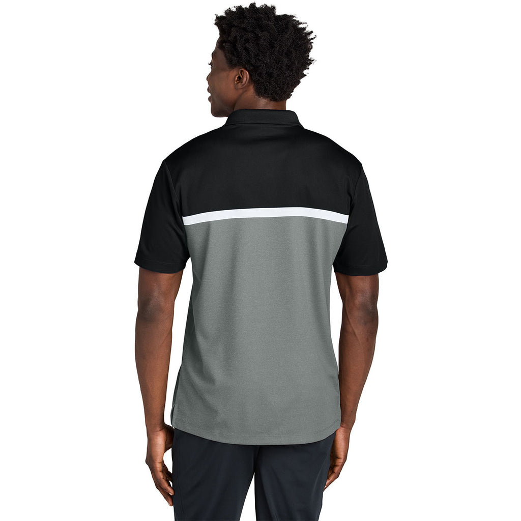 Sport-Tek Men's Black/Grey Concrete Heather/White UV Micropique Colorblock Polo