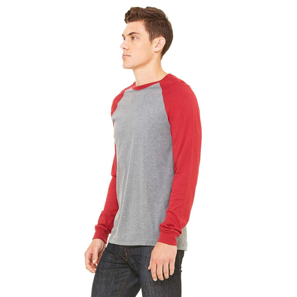 Bella + Canvas Men's Deep Heather/Cardinal Jersey Long-Sleeve Baseball T-Shirt