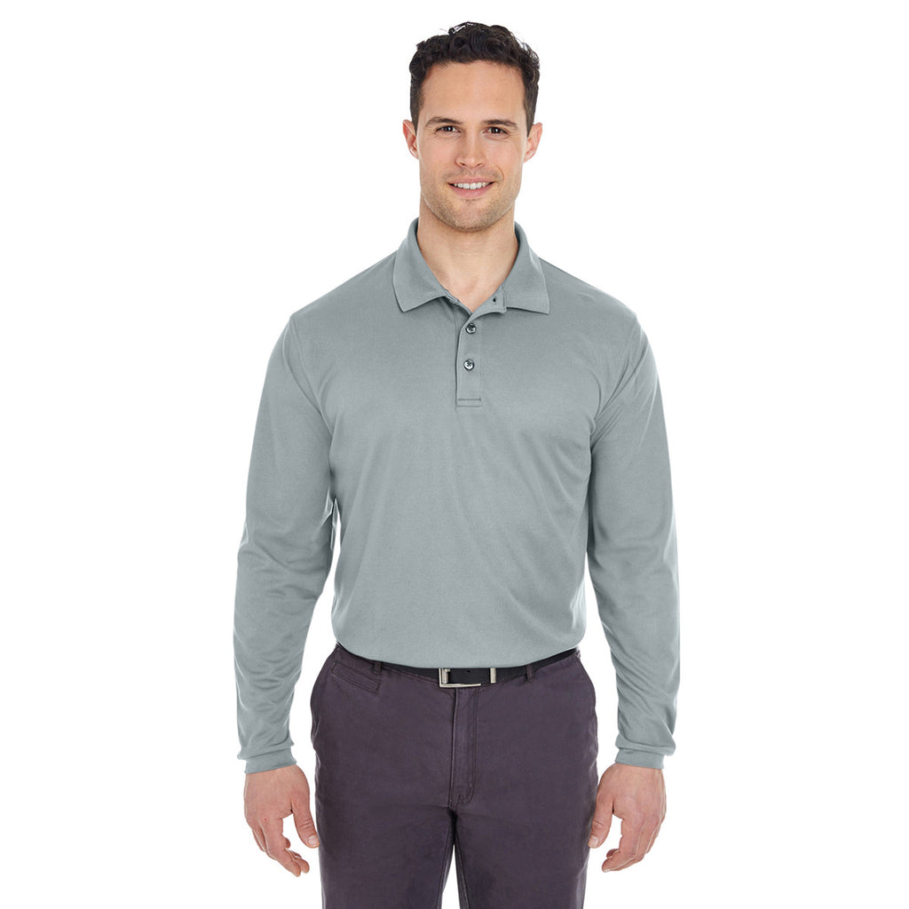 UltraClub Men's Silver Cool & Dry Long-Sleeve Mesh Pique Polo