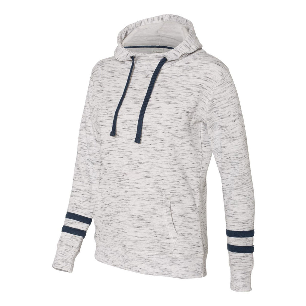 J. America Women's White/Navy Melange Fleece Striped Sleeve Hooded Pullover