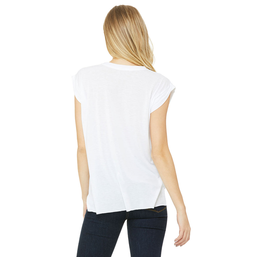 Bella + Canvas Women's White Flowy T-Shirt with Rolled Cuff