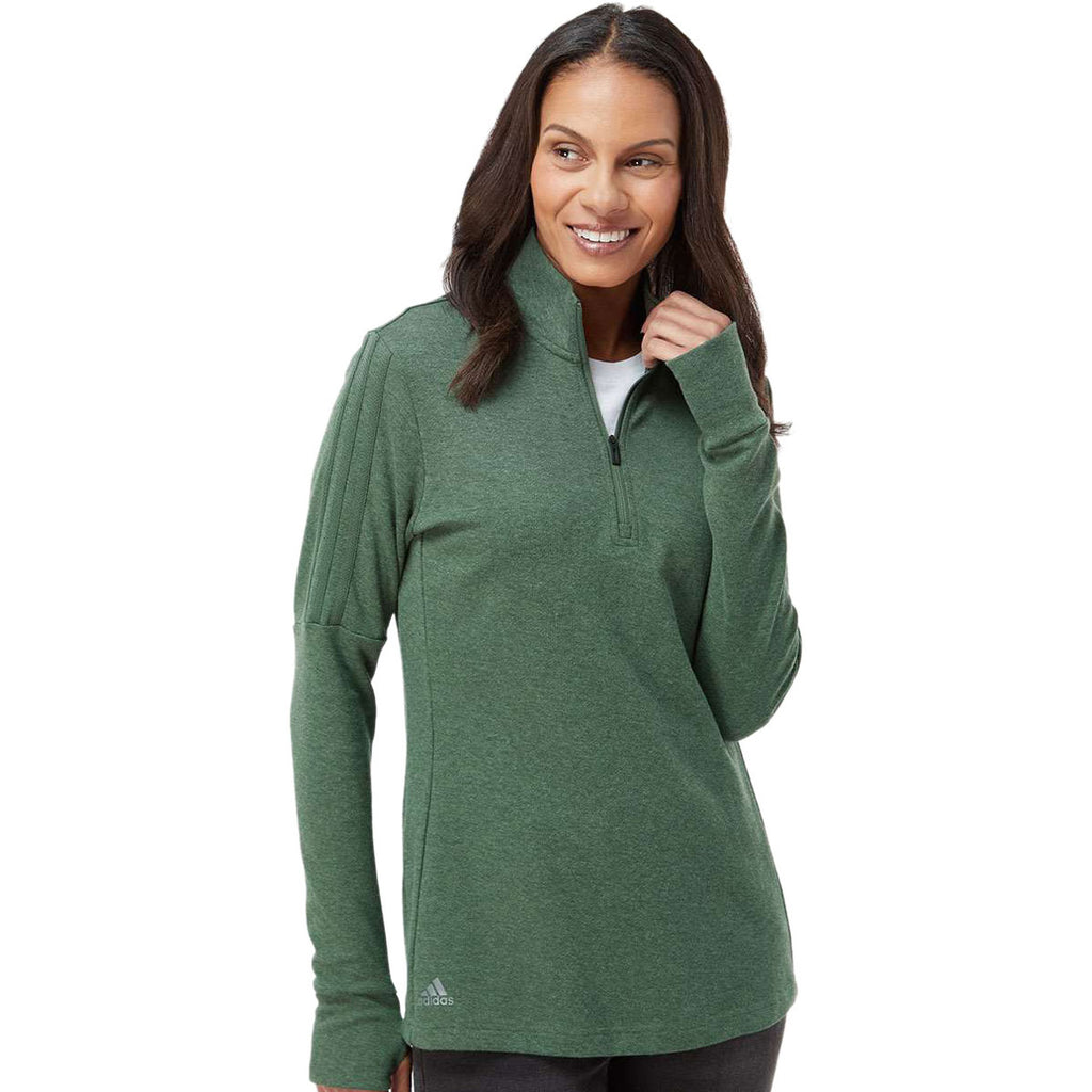 adidas Women's Green Oxide Melange 3-Stripes Quarter Zip Pullover