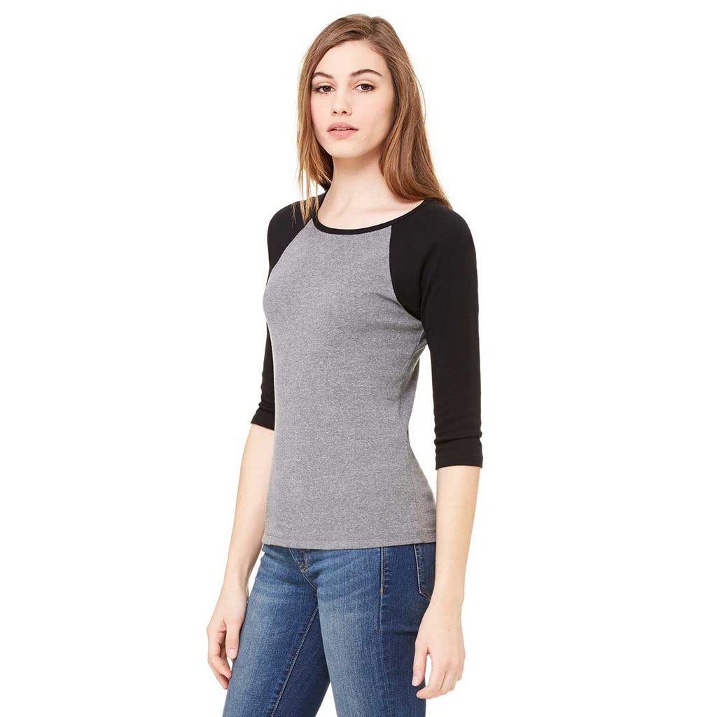 Bella + Canvas Women's Deep Heather/Black Stretch Rib 3/4-Sleeve Contrast Raglan T-Shirt