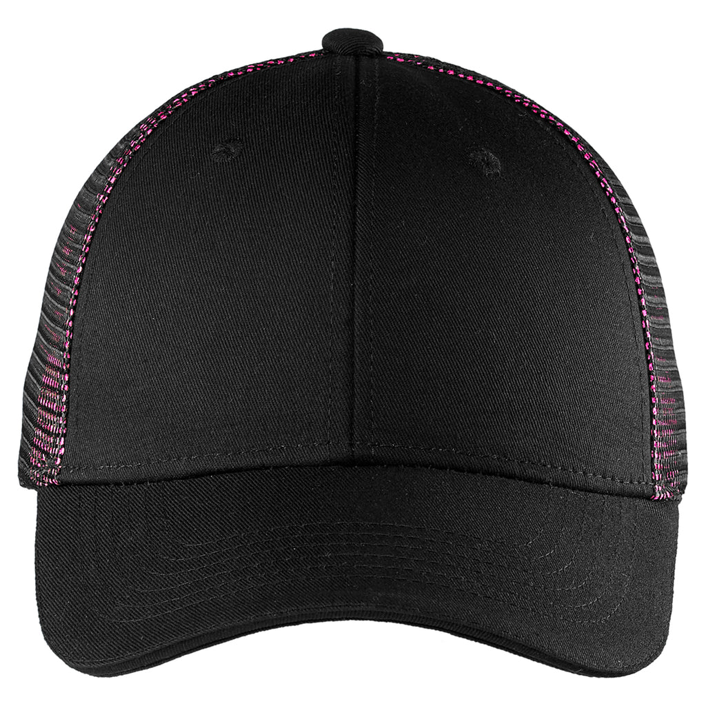 Port Authority Black/ Shock Pink Double Mesh Snapback Sandwich Bill Cap