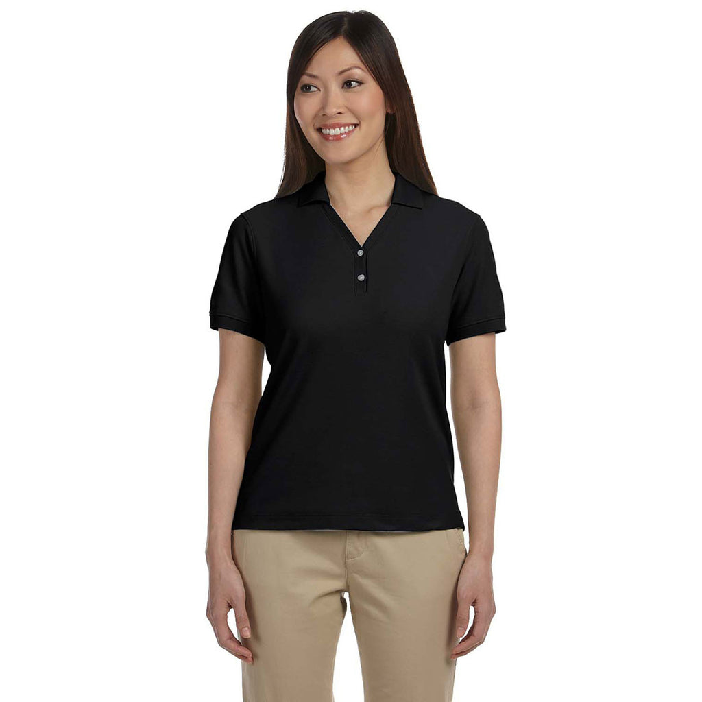 Devon & Jones Women's Black Pima Pique Short-Sleeve Y-Collar Polo