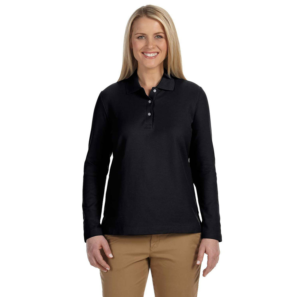 Devon & Jones Women's Black Pima Pique Long-Sleeve Polo