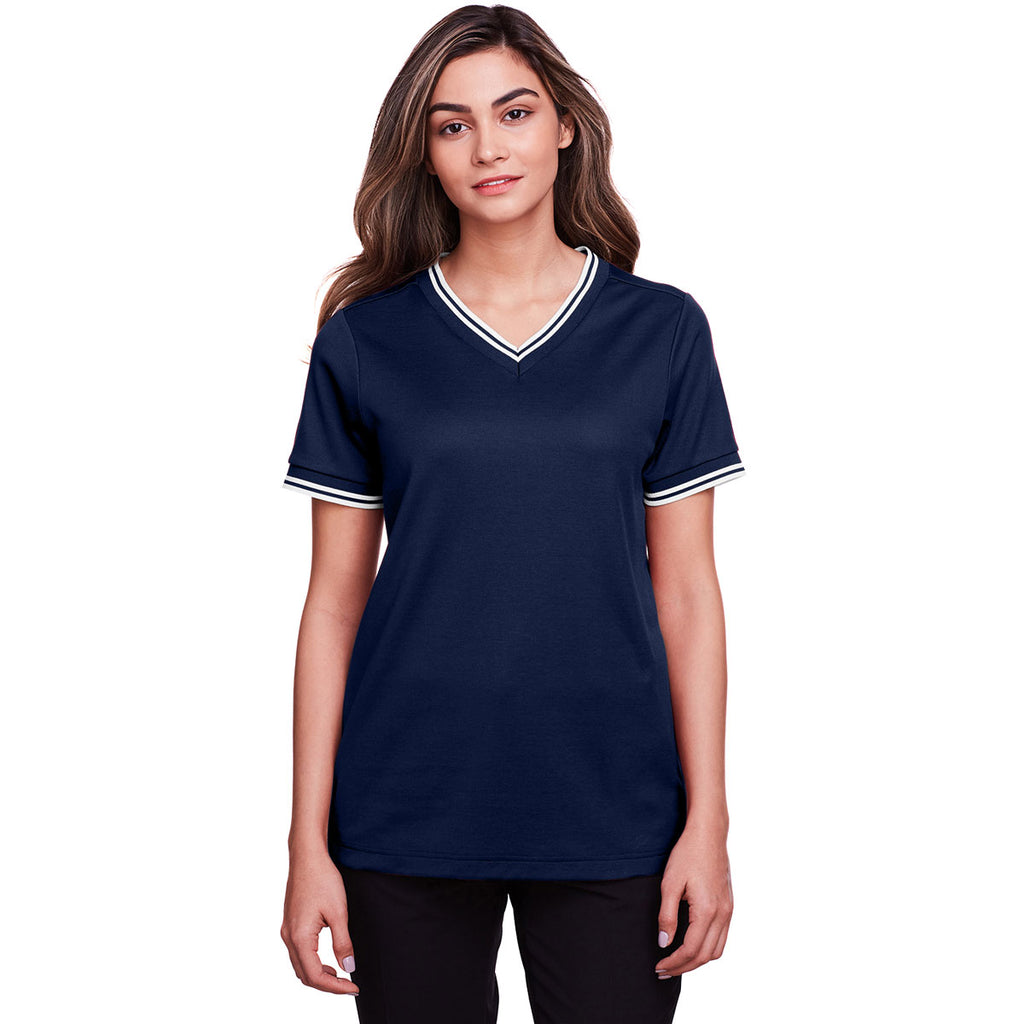 Devon & Jones Women's Navy/White CrownLux Performance Plaited Tipped V-Neck Polo