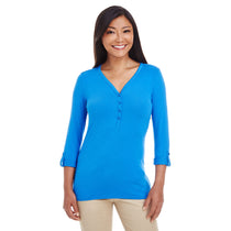 Devon & Jones Women's French Blue Perfect Fit Y-Placket Convertible Sleeve Knit Top