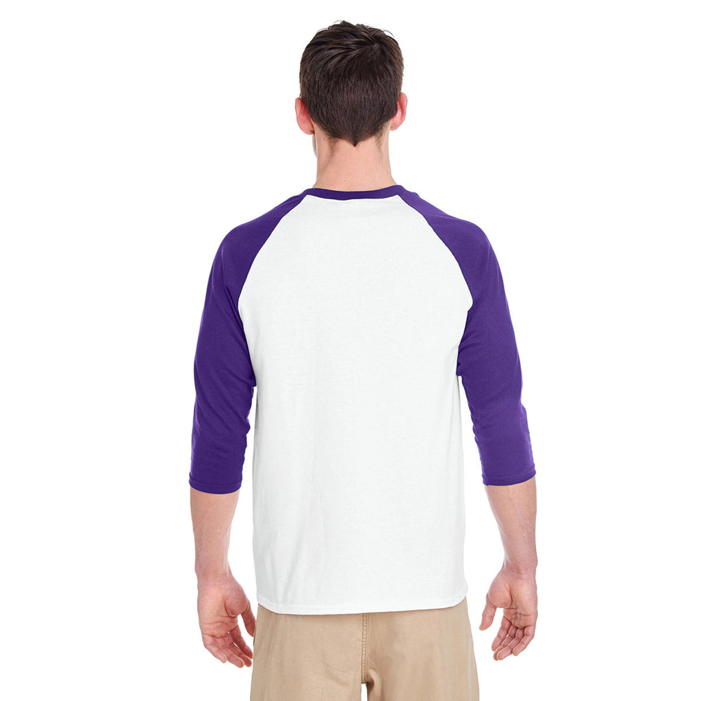 Gildan Unisex White/Purple 5.3 oz. 3/4-Raglan Sleeve T-Shirt