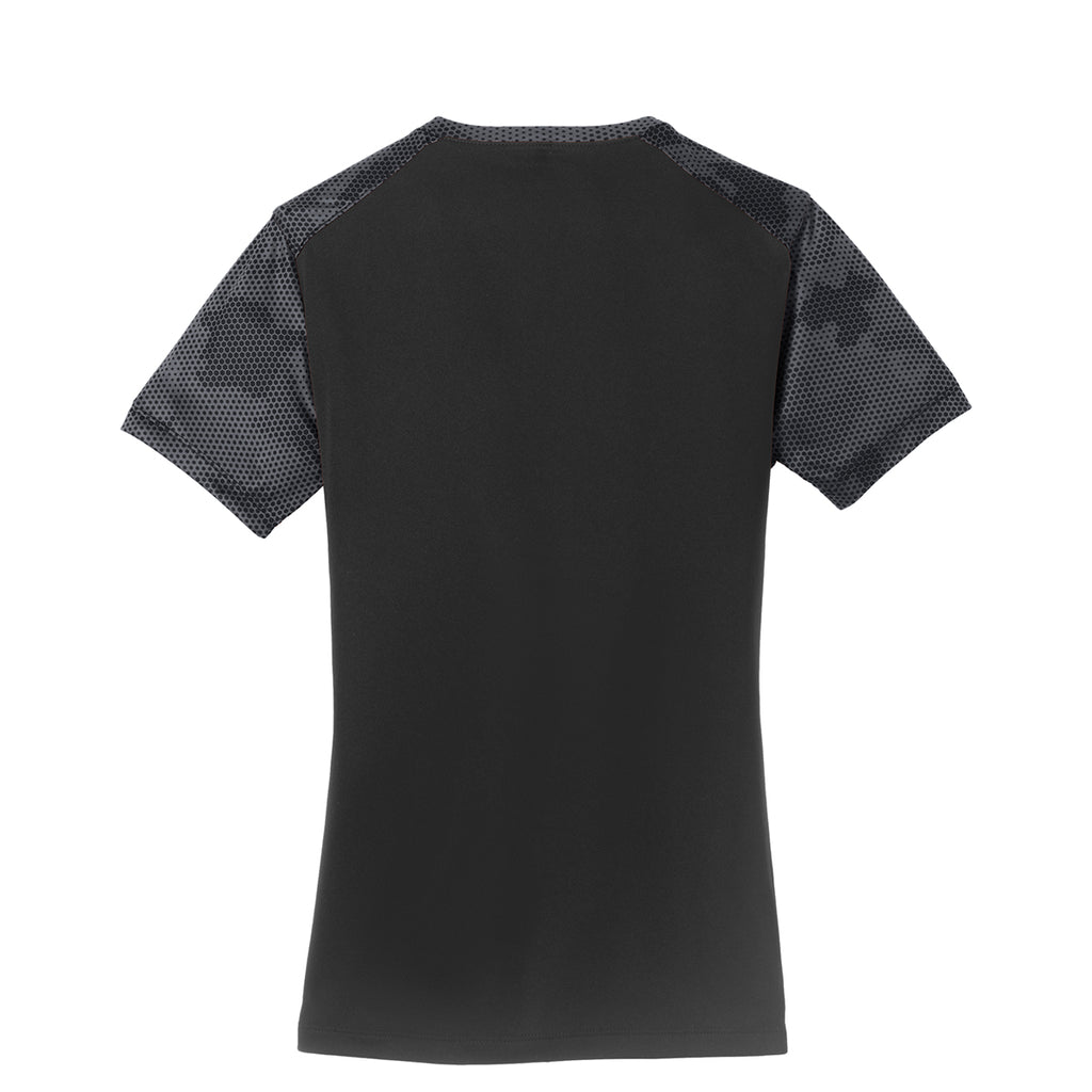 Sport-Tek Women's Black/Iron Grey CamoHex Colorblock V-Neck Tee