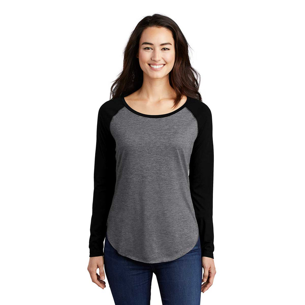 Sport-Tek Women's Black Triad Solid/Dark Grey Heather PosiCharge Long Sleeve Tri-Blend Wicking Scoop Neck Raglan Tee