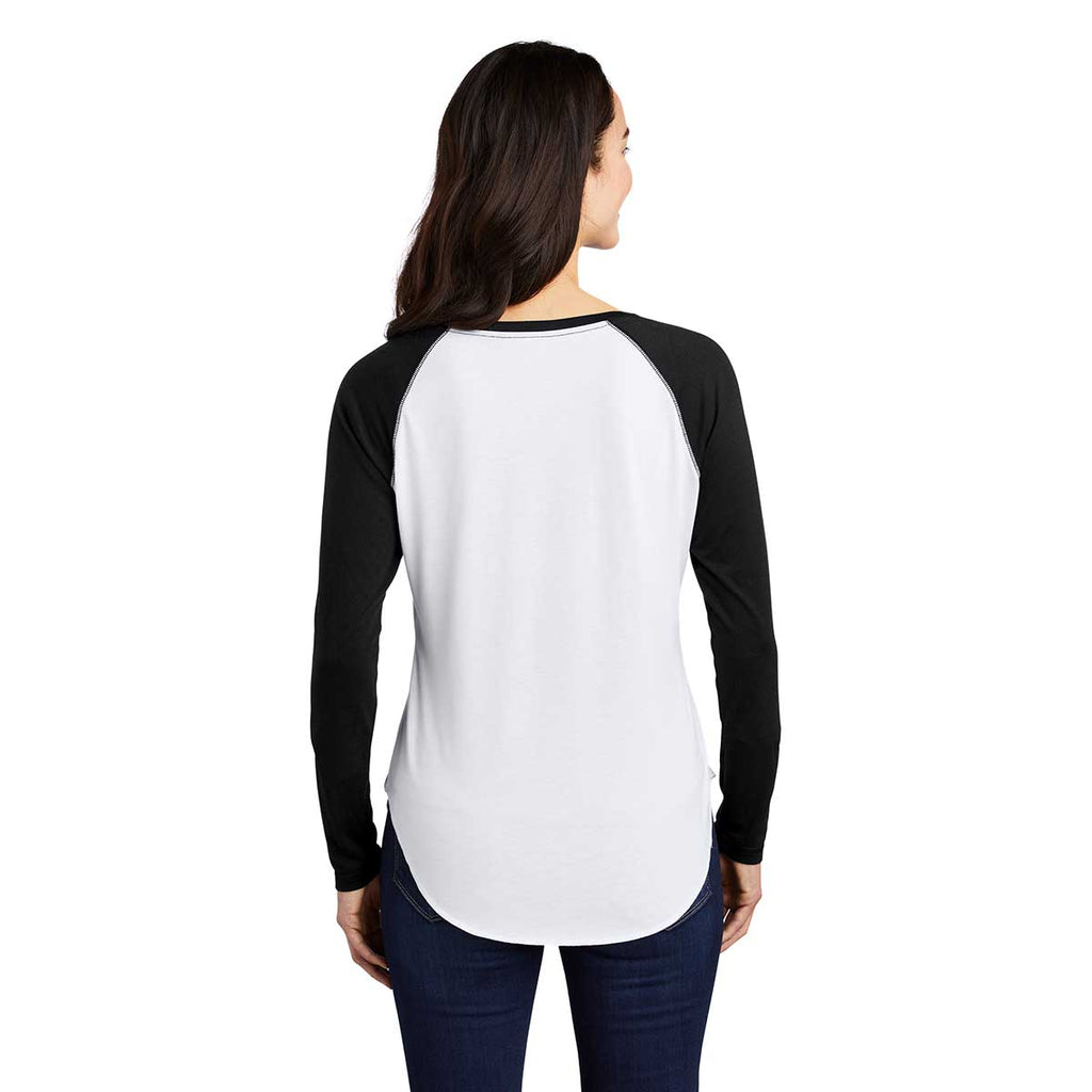 Sport-Tek Women's Black Triad Solid/White Triad Solid PosiCharge Long Sleeve Tri-Blend Wicking Scoop Neck Raglan Tee