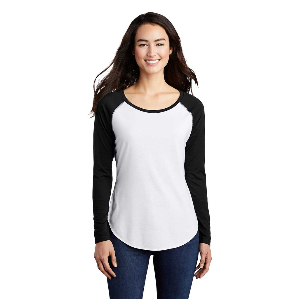 Sport-Tek Women's Black Triad Solid/White Triad Solid PosiCharge Long Sleeve Tri-Blend Wicking Scoop Neck Raglan Tee