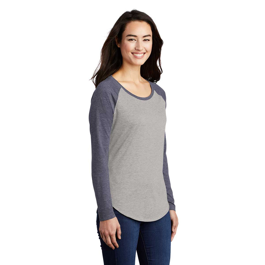 Sport-Tek Women's True Navy Heather/Light Grey Heather PosiCharge Long Sleeve Tri-Blend Wicking Scoop Neck Raglan Tee