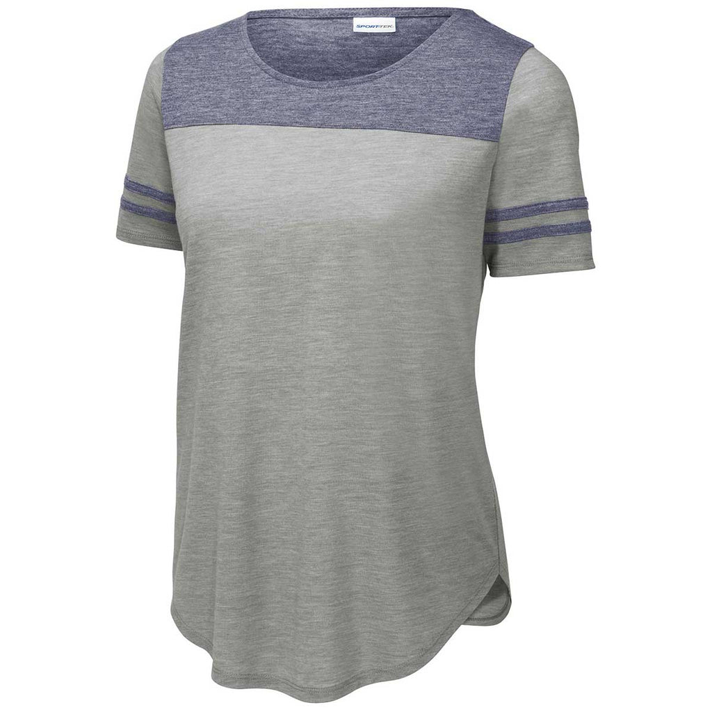 Sport-Tek Women's True Navy Heather/Light Grey Heather PosiCharge Tri-Blend Wicking Fan Tee