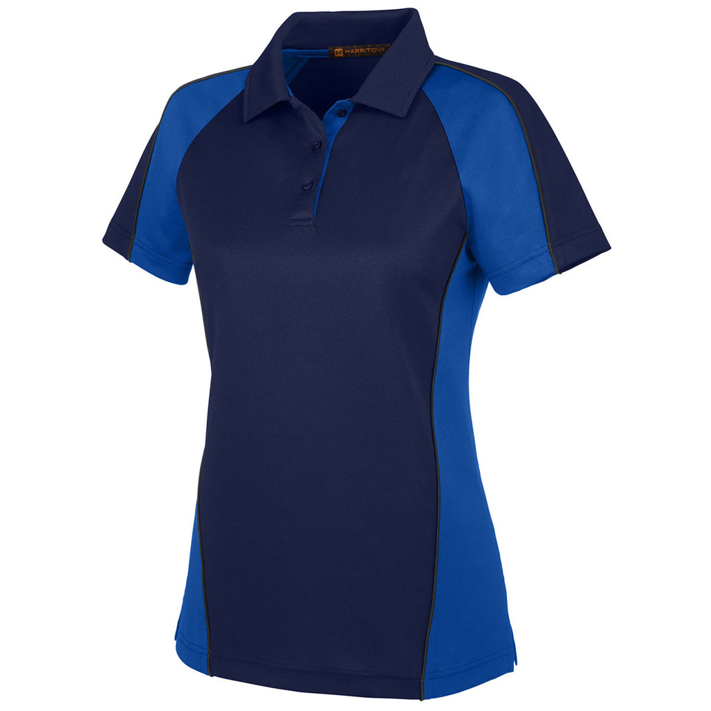 Harriton Women's Dark Navy/ True Royal/ Dark Charcoal Advantage Snag Protection Plus Colorblock Polo