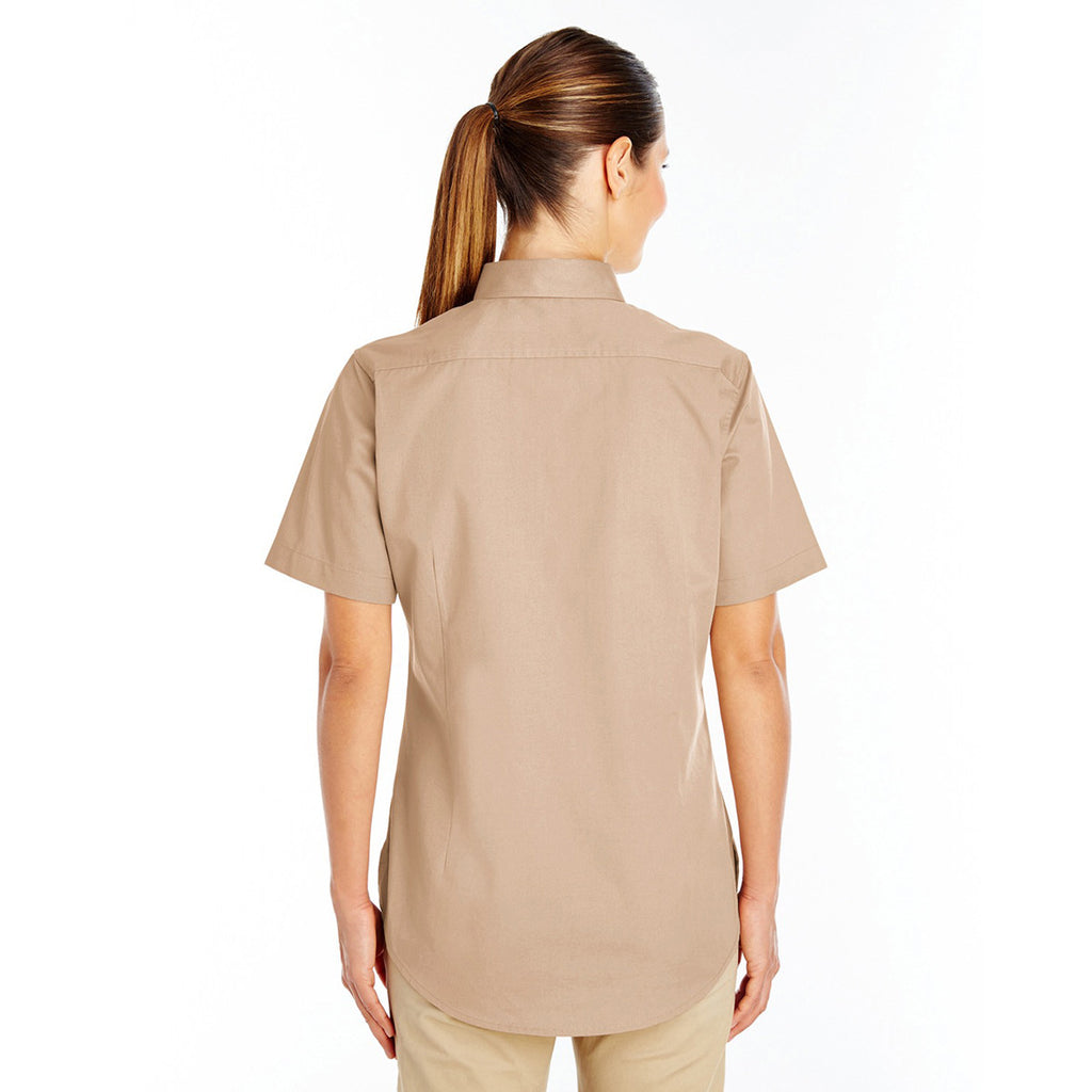 Harriton Women's Khaki Foundation 100% Cotton Short-Sleeve Twill Shirt Teflon