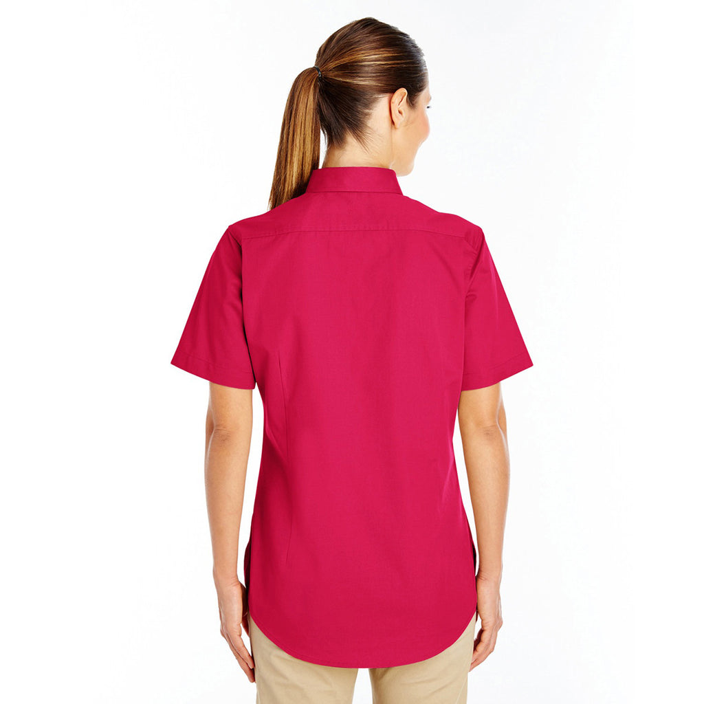 Harriton Women's Red Foundation 100% Cotton Short-Sleeve Twill Shirt Teflon