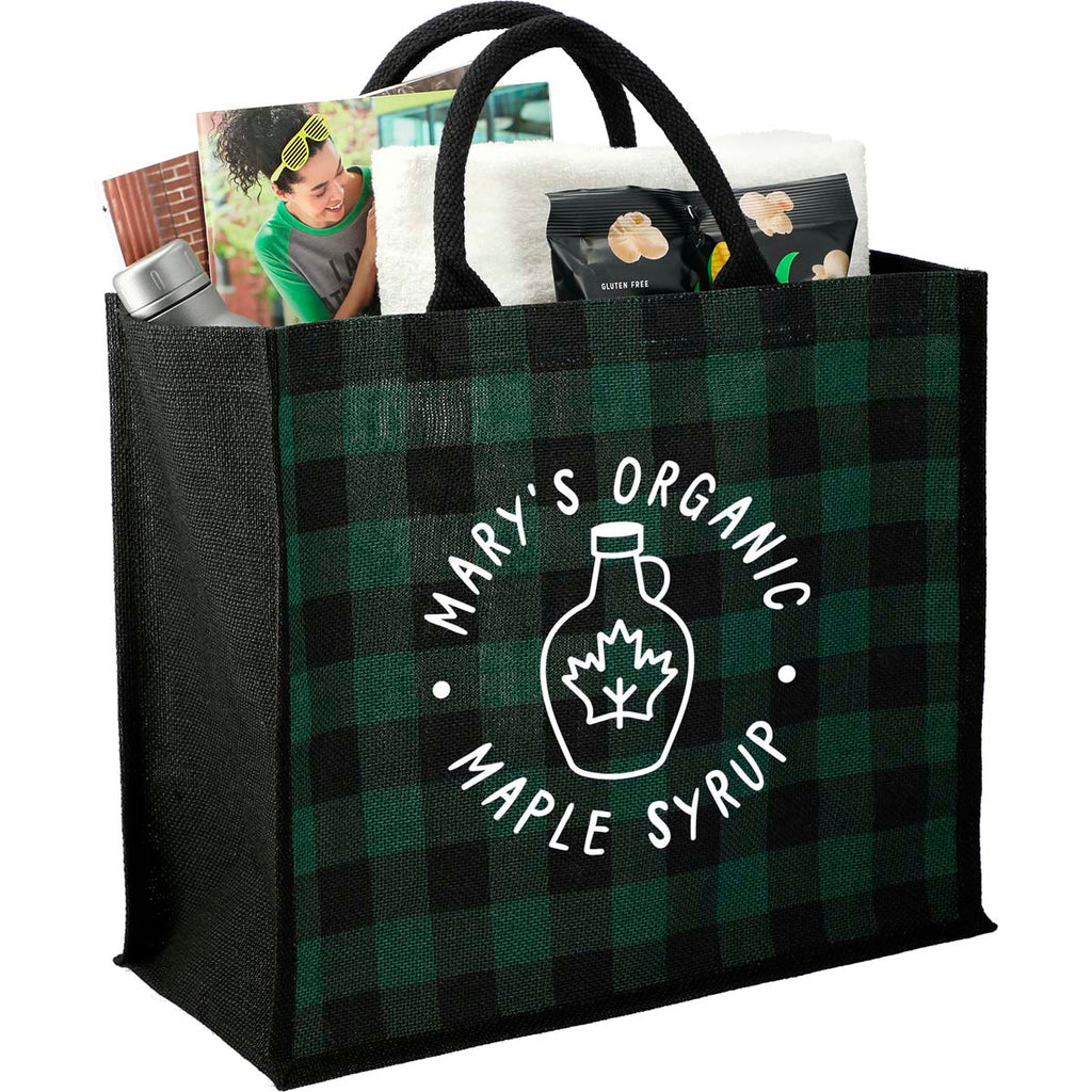 Bullet Green Buffalo Plaid Printed Jute Tote