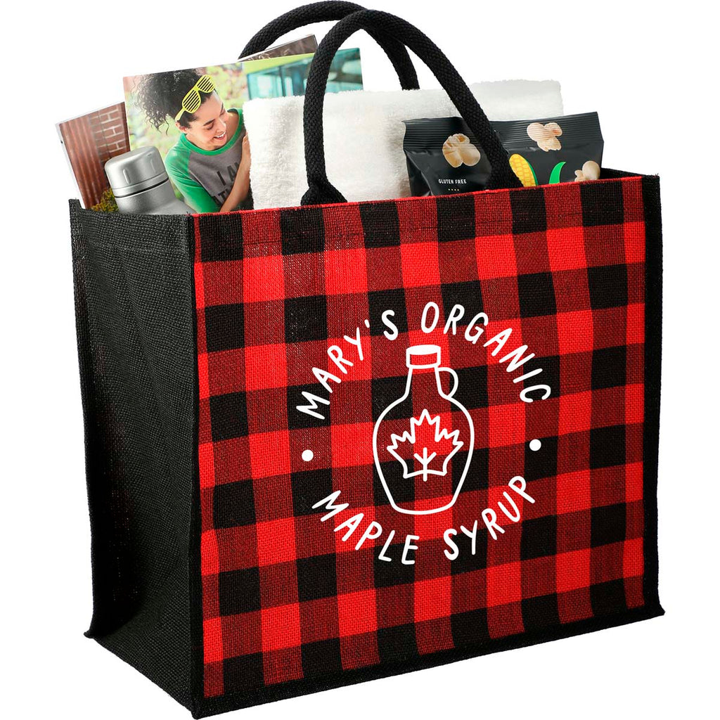 Bullet Red Buffalo Plaid Printed Jute Tote