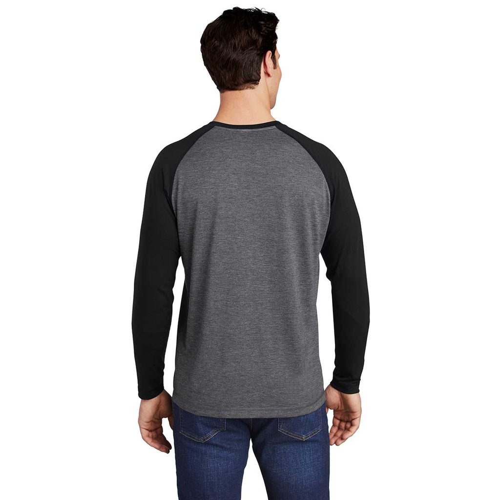 Sport-Tek Men's Black Triad Solid/Dark Grey Heather PosiCharge Long Sleeve Tri-Blend Wicking Raglan Tee