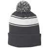 Sport-Tek Stripe Iron Grey/White Pom Pom Beanie